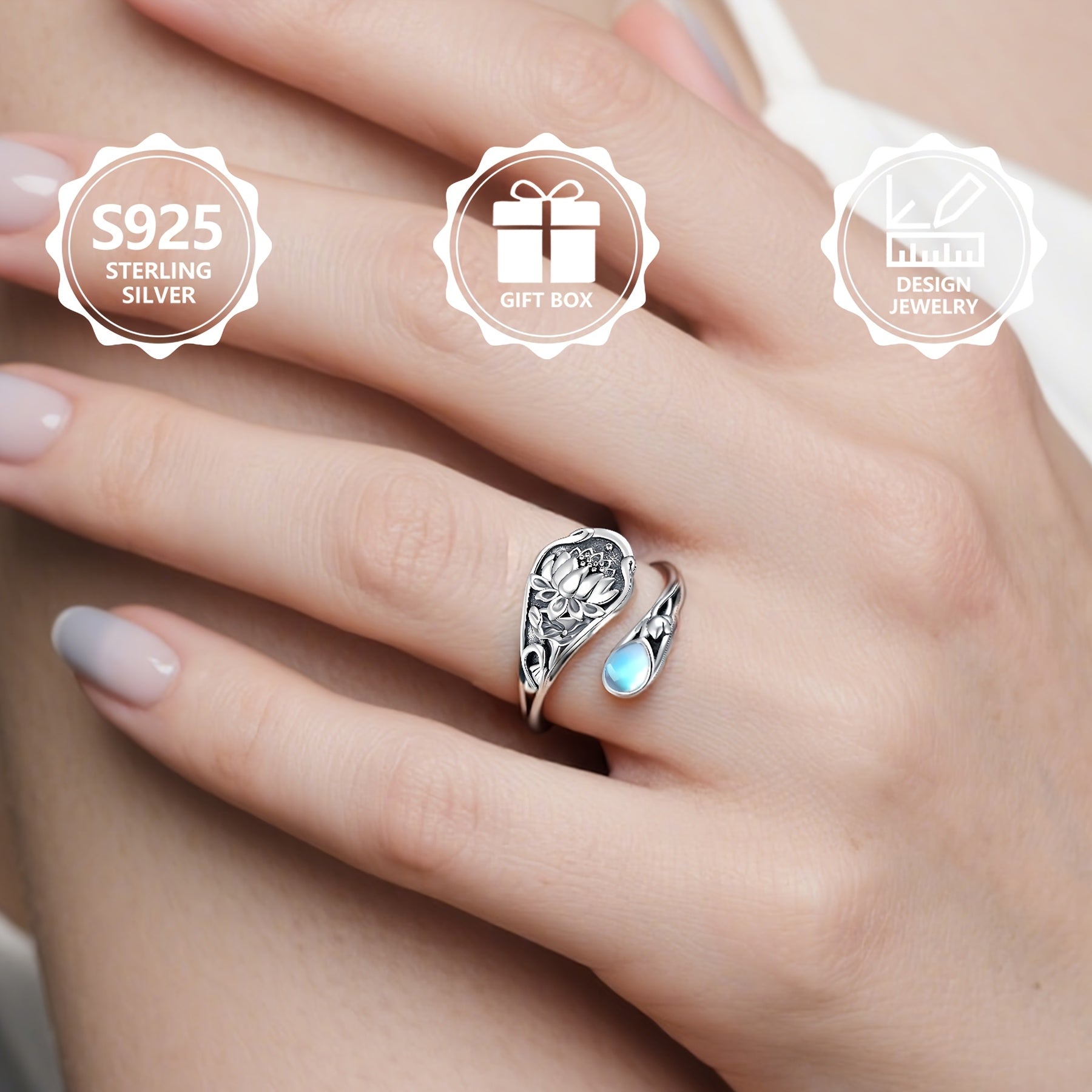 Vintage 925 sterling silver lotus flower wrap ring with moonstone accents.