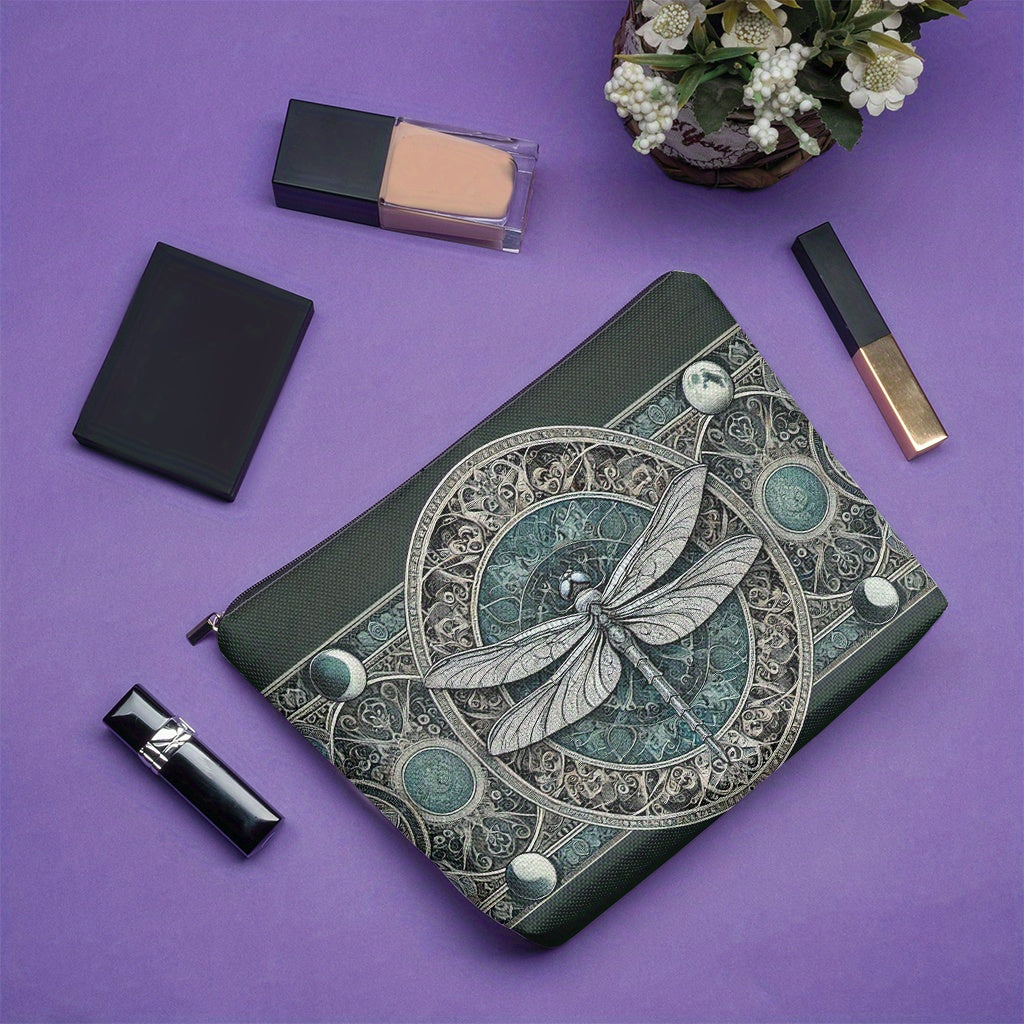 Dragonfly & Artistic Pattern Makeup Bag – Linen Cosmetic Pouch with Zipper