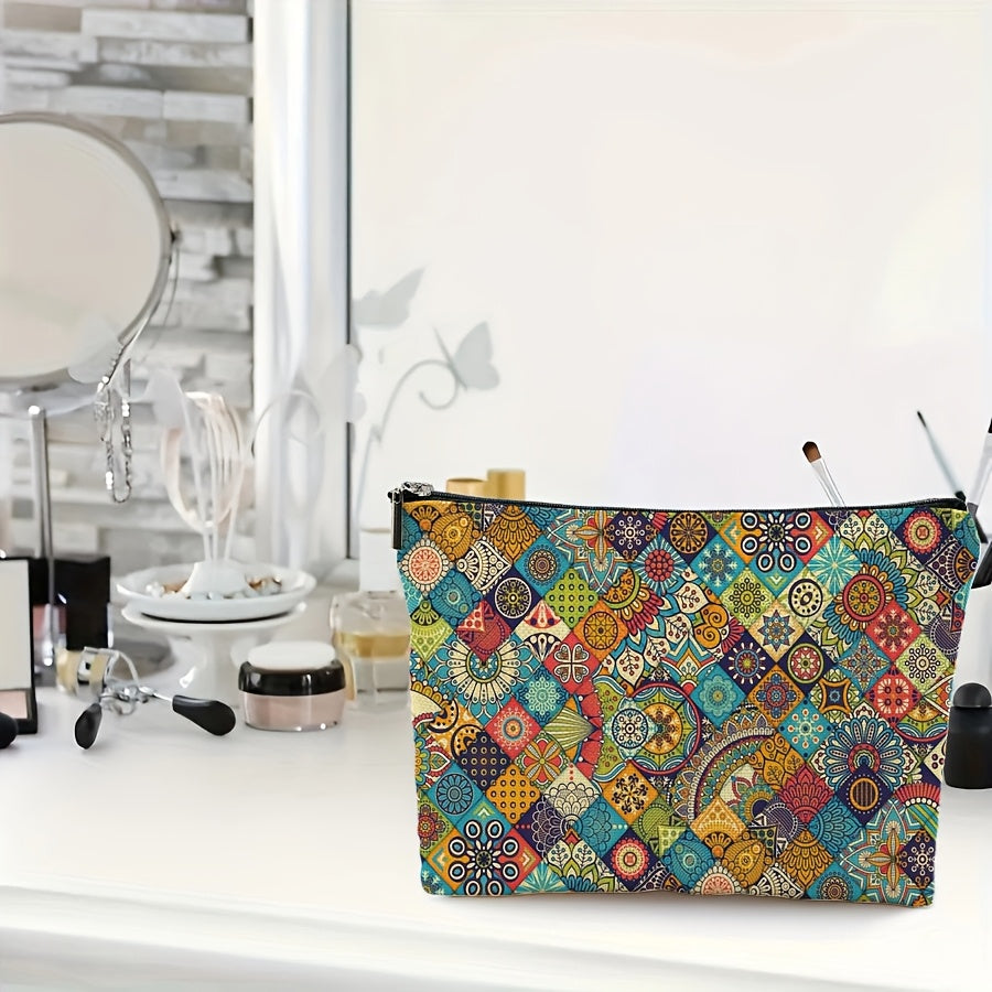 Bohemian Style Polyester Makeup Bag – Patchwork Cosmetic Pouch with Zipper Closure