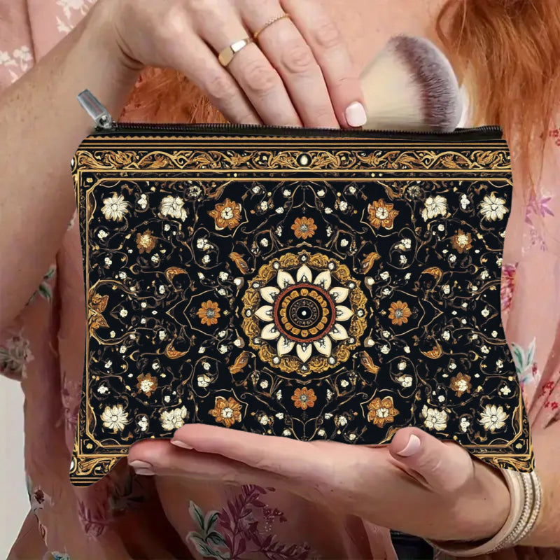 Floral Mandala Makeup Bag – Zippered Cosmetic Pouch with Golden Accents
