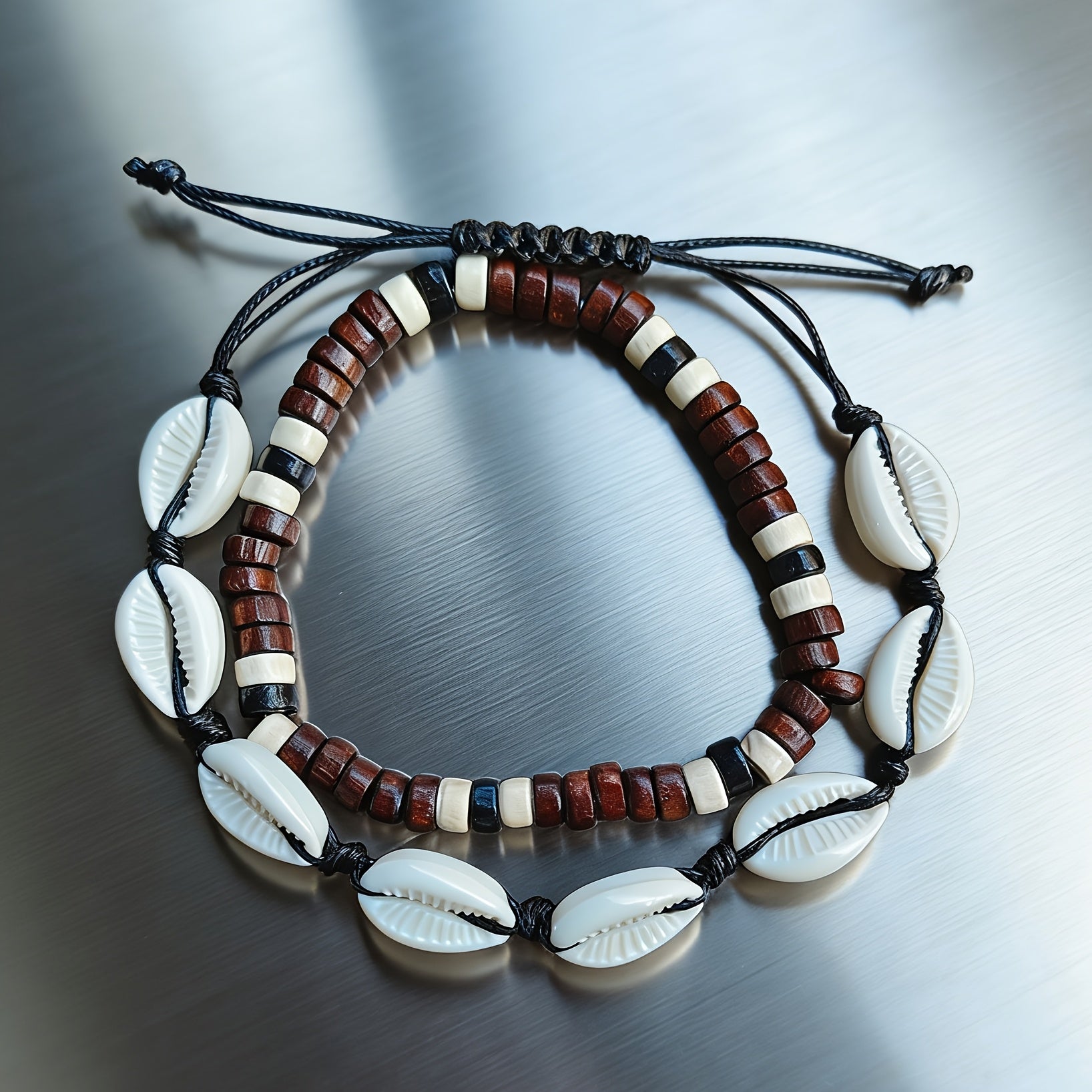 Bohemian Beach Shell & Wood Bead Anklet Set – 2pcs Adjustable Seashell Ankle Chains