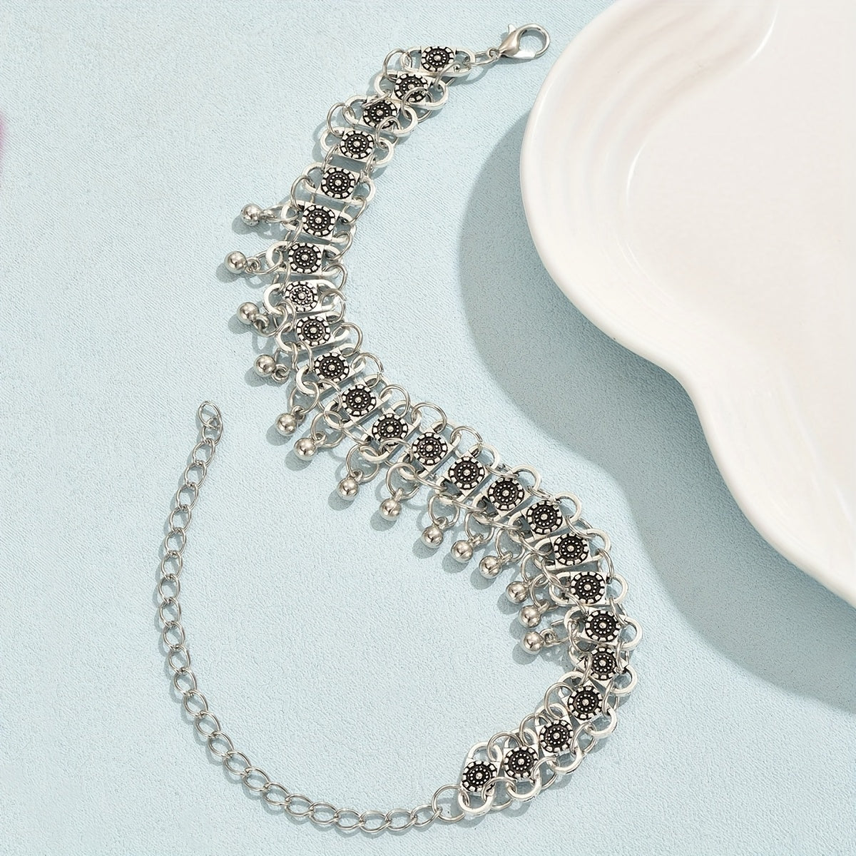 Boho Vintage Silver Anklet – Alloy Pendant Beaded Tassel Foot Jewellery