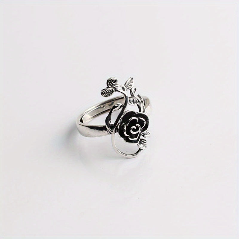 Vintage rose floral ring with adjustable silver-tone band