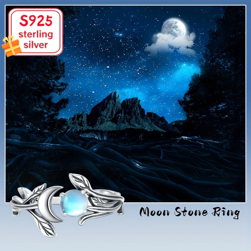 Vintage 925 sterling silver crescent moon ring with luminous moonstone