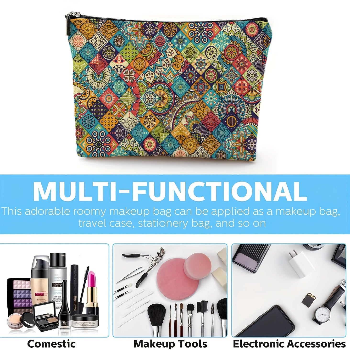 Bohemian Style Polyester Makeup Bag – Patchwork Cosmetic Pouch with Zipper Closure