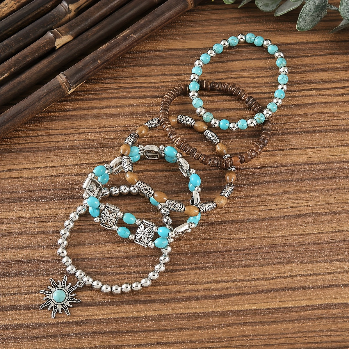 Boho Beaded Bracelet Set – 5pcs Elastic Stackable Bracelets with Sun Charm