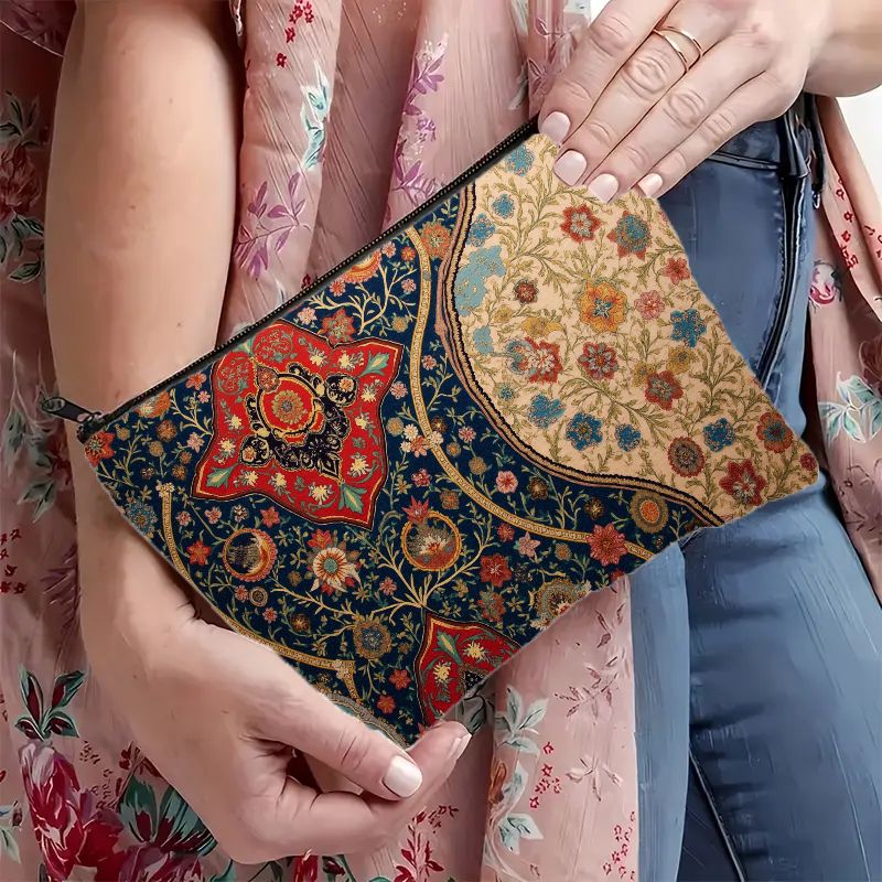 Vintage Bohemian Floral Print Makeup Bag – Persian-Inspired Tapestry Cosmetic Pouch