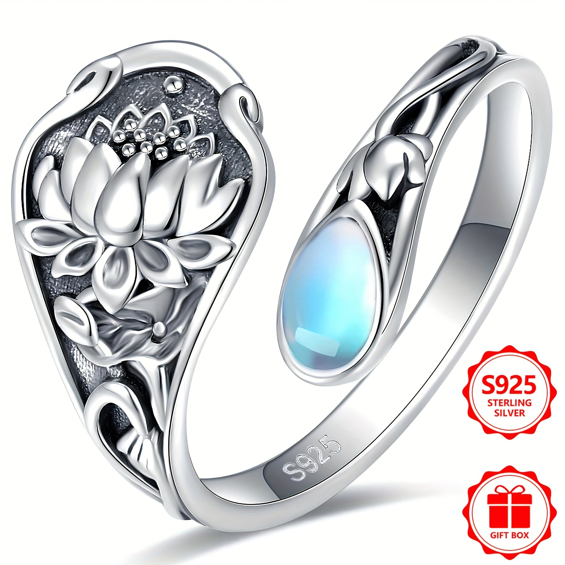 Vintage 925 sterling silver lotus flower wrap ring with moonstone accents.