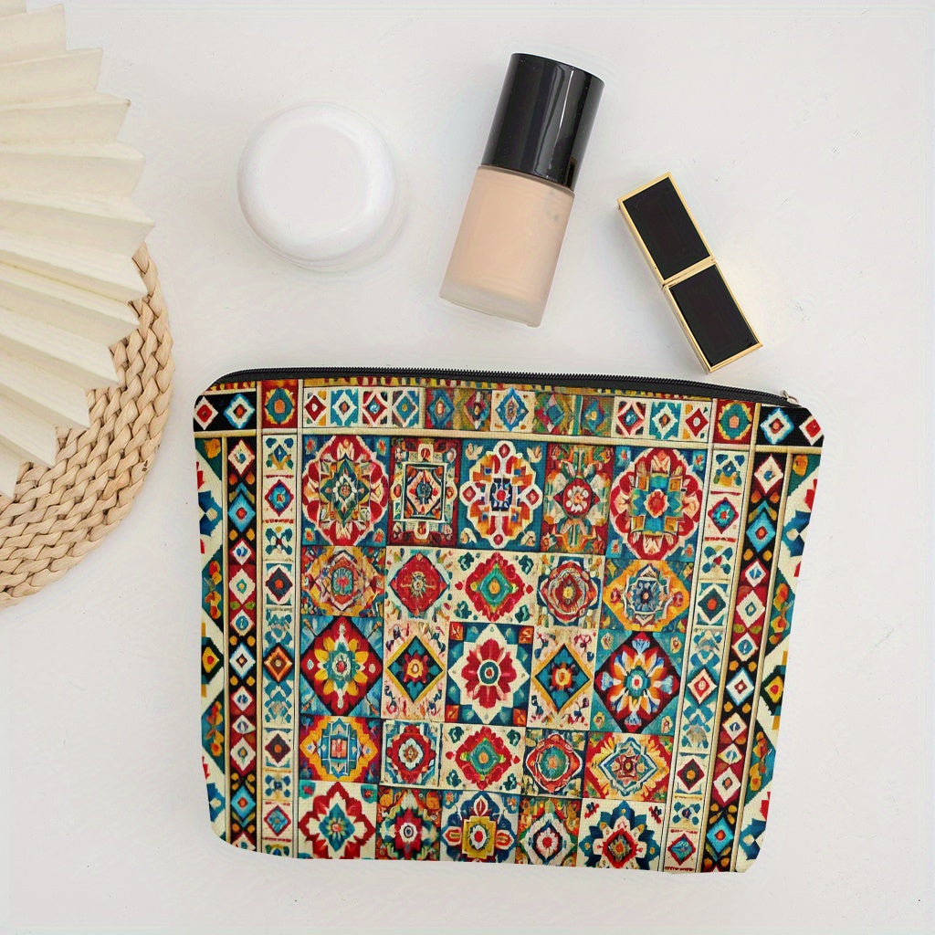Ethnic Print Makeup Bag – Large Capacity Linen Cosmetic Organizer with Zipper