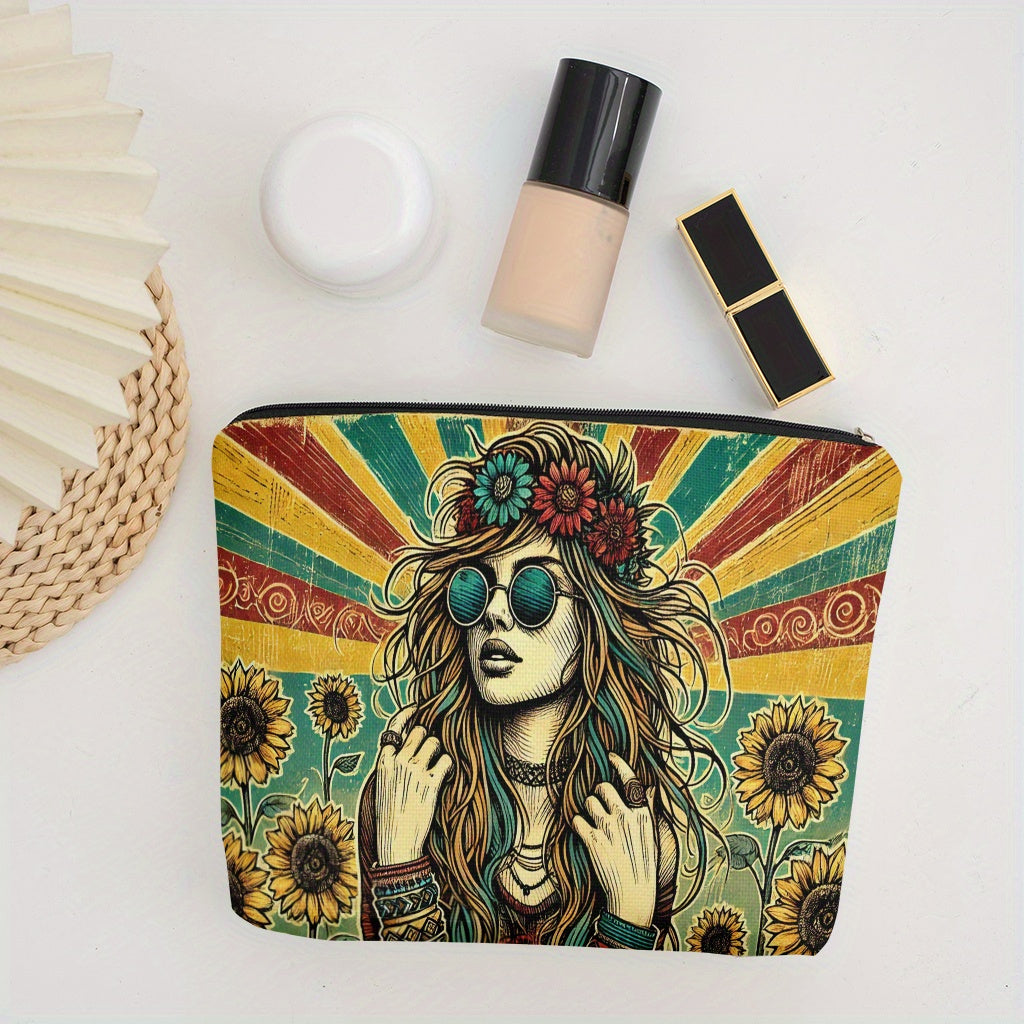 Hippie Style Makeup Bag – Large Capacity Linen Cosmetic Organizer with Zipper