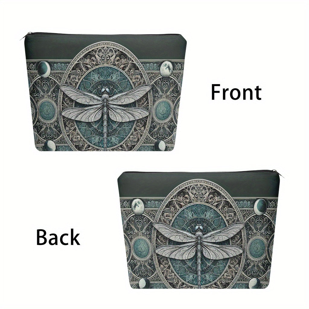 Dragonfly & Artistic Pattern Makeup Bag – Linen Cosmetic Pouch with Zipper