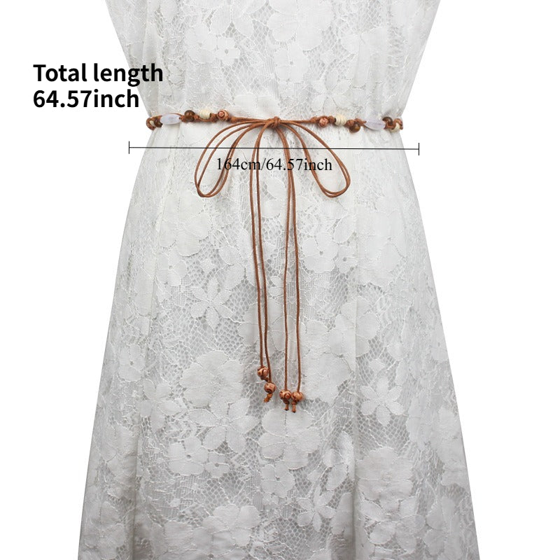 Handmade Bohemian Waist Chain – Wax Rope Belt with Knotted Wooden Beads