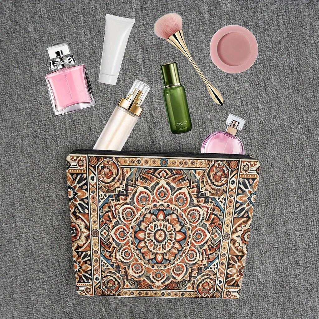 Mandala Pattern Linen Makeup Bag – Indian Boho Style Cosmetic Pouch