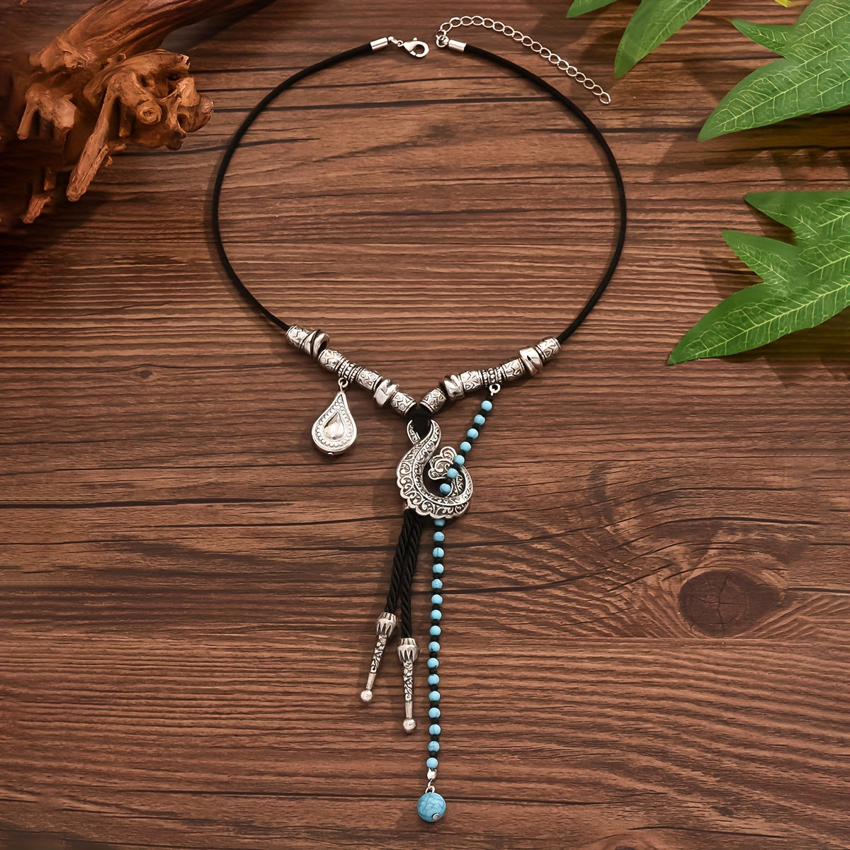 Bohemian Vintage Pendant Necklace with Faux Turquoise Inlay