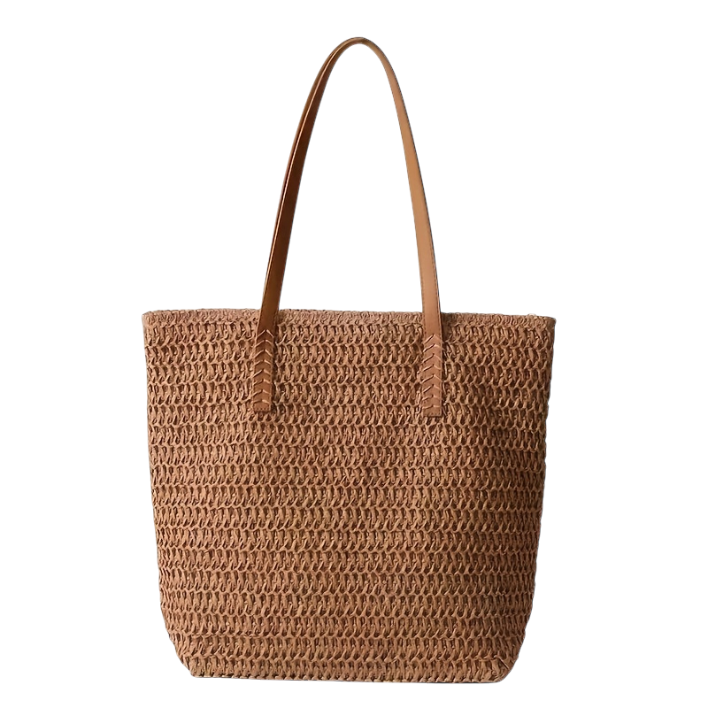 Large-Capacity Straw Handbag – Tan Woven Tote with Brown-Look Straps & Zipper Closure