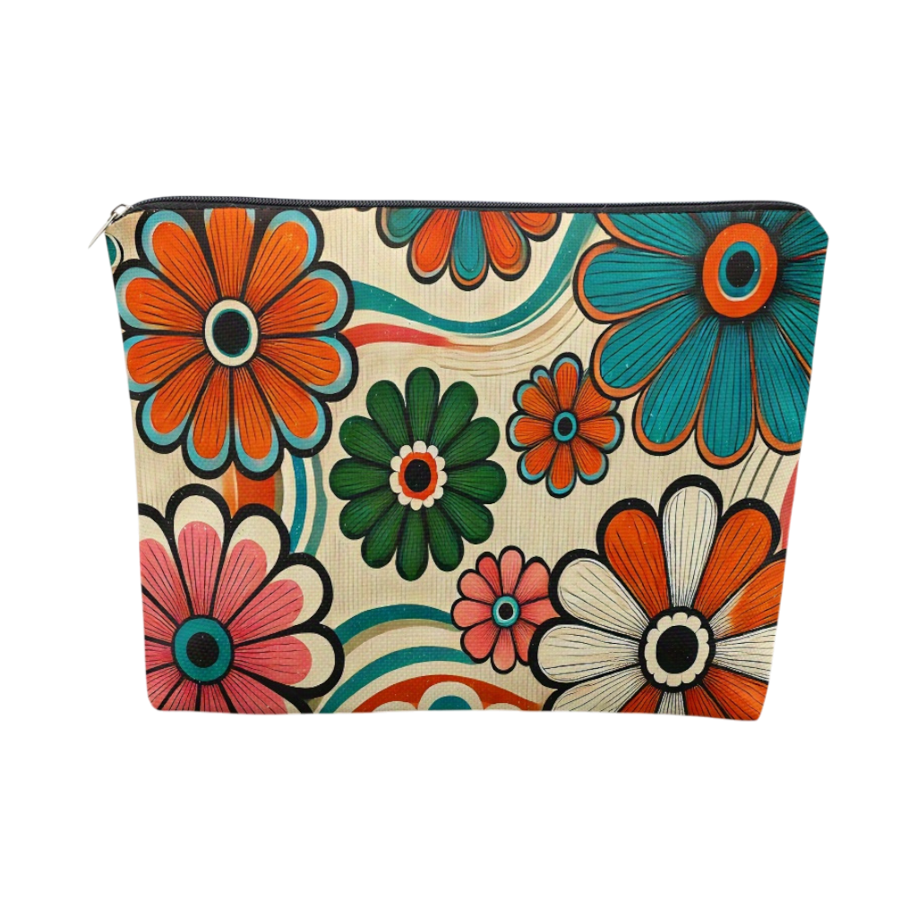 Retro Boho Multicolor Linen Makeup Bag – Floral Print Cosmetic Pouch