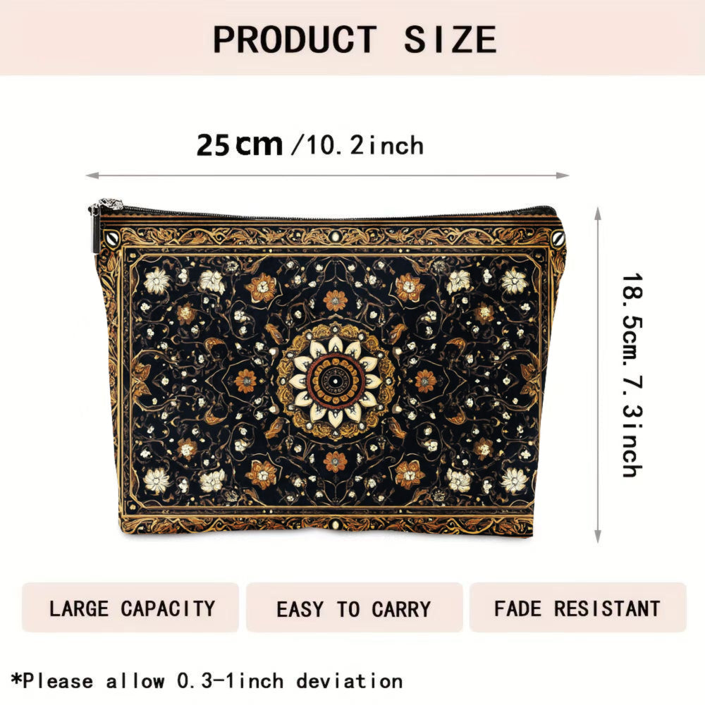 Floral Mandala Makeup Bag – Zippered Cosmetic Pouch with Golden Accents
