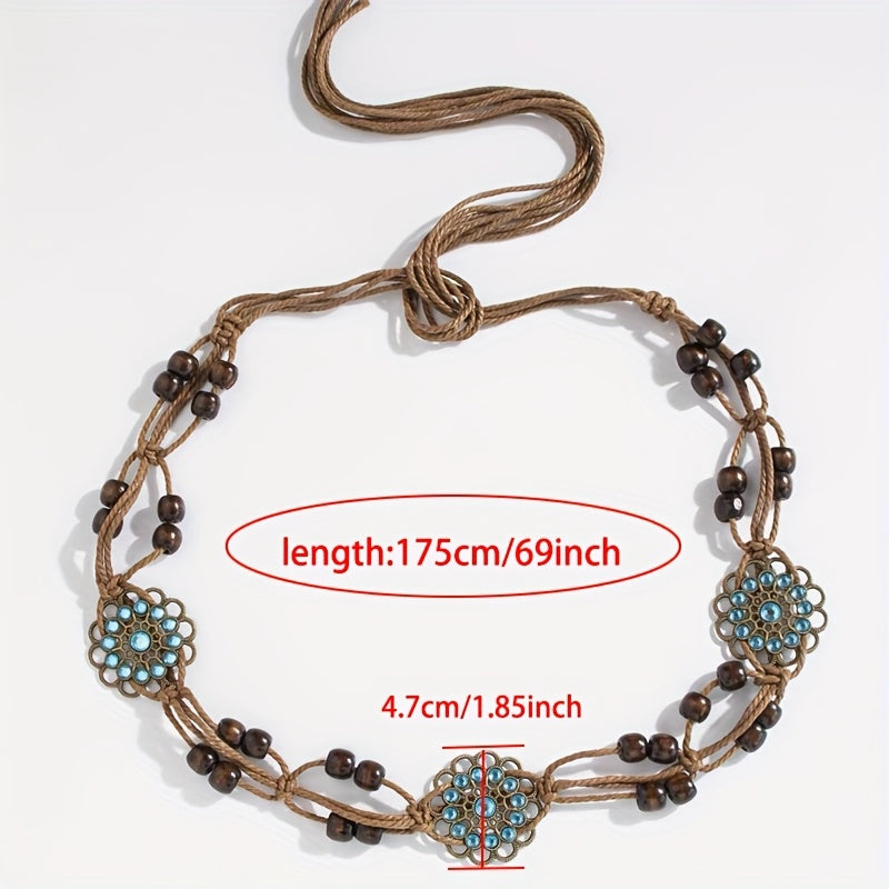 Khaki Wax Cord Beaded Belt – Blue Flower Rhinestone Bohemian Waist Belt
