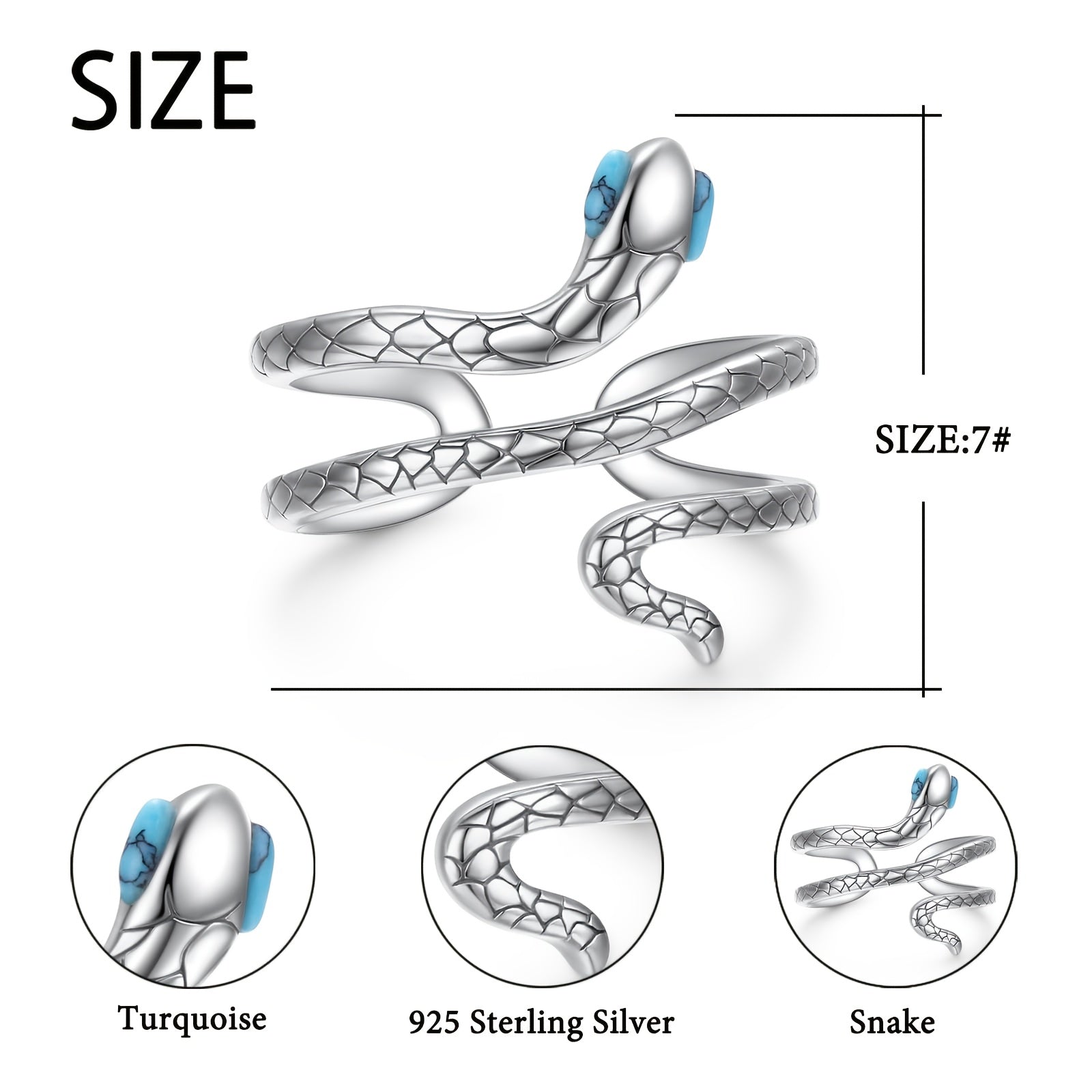 Adjustable S925 sterling silver snake ring with turquoise eyes.