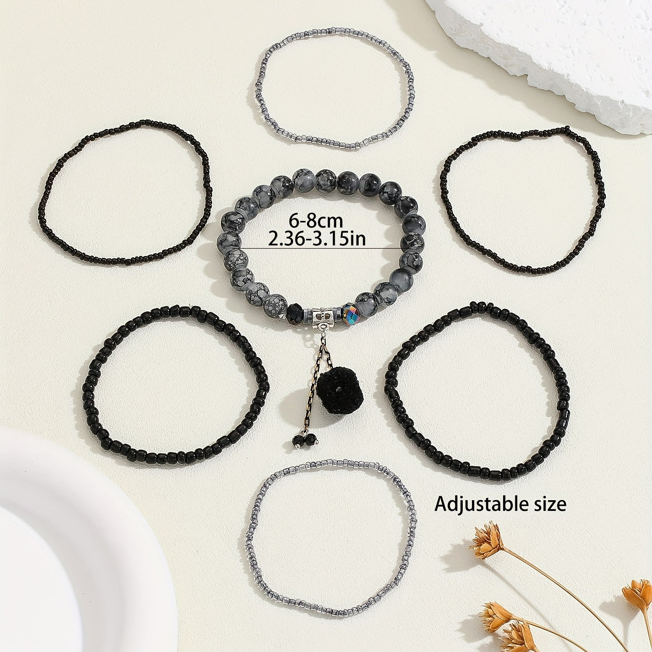 Bohemian Black Bead & Pom-Pom Anklet Set – 7pcs Adjustable Ankle Bracelets