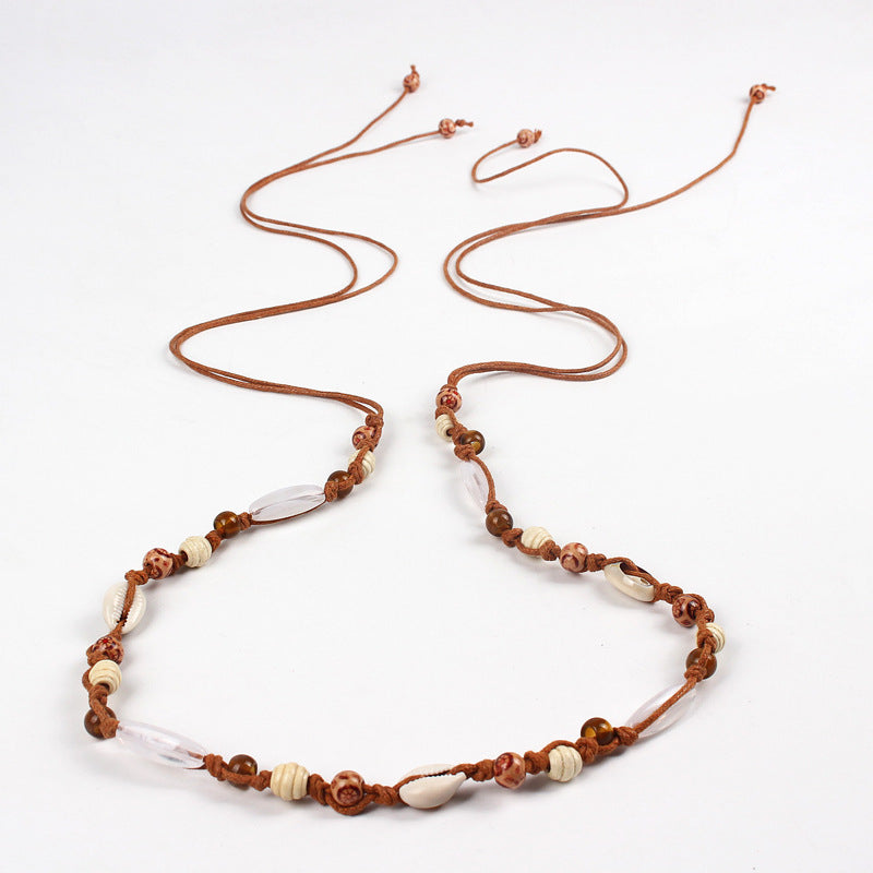 Handmade Bohemian Waist Chain – Wax Rope Belt with Knotted Wooden Beads