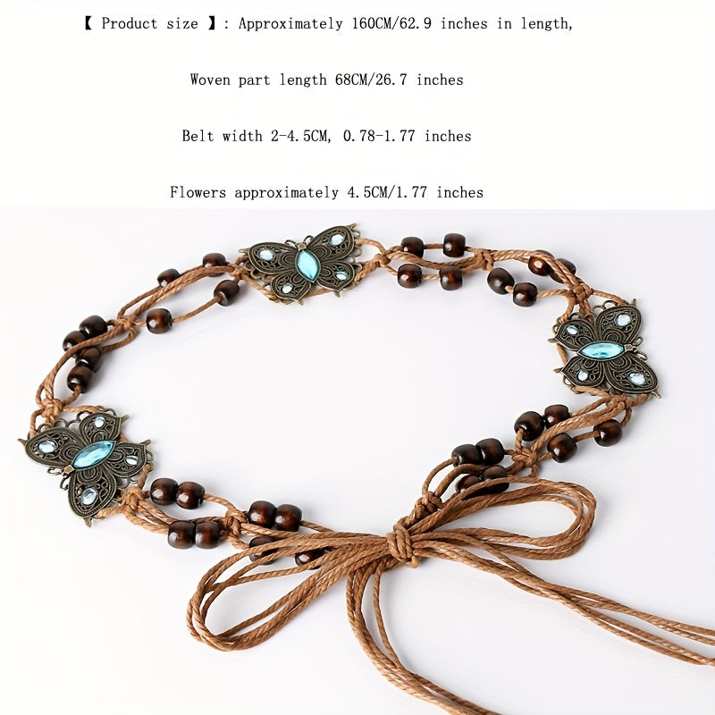 Butterfly-Inspired Vintage Braided Sash Belt with Wooden Beads