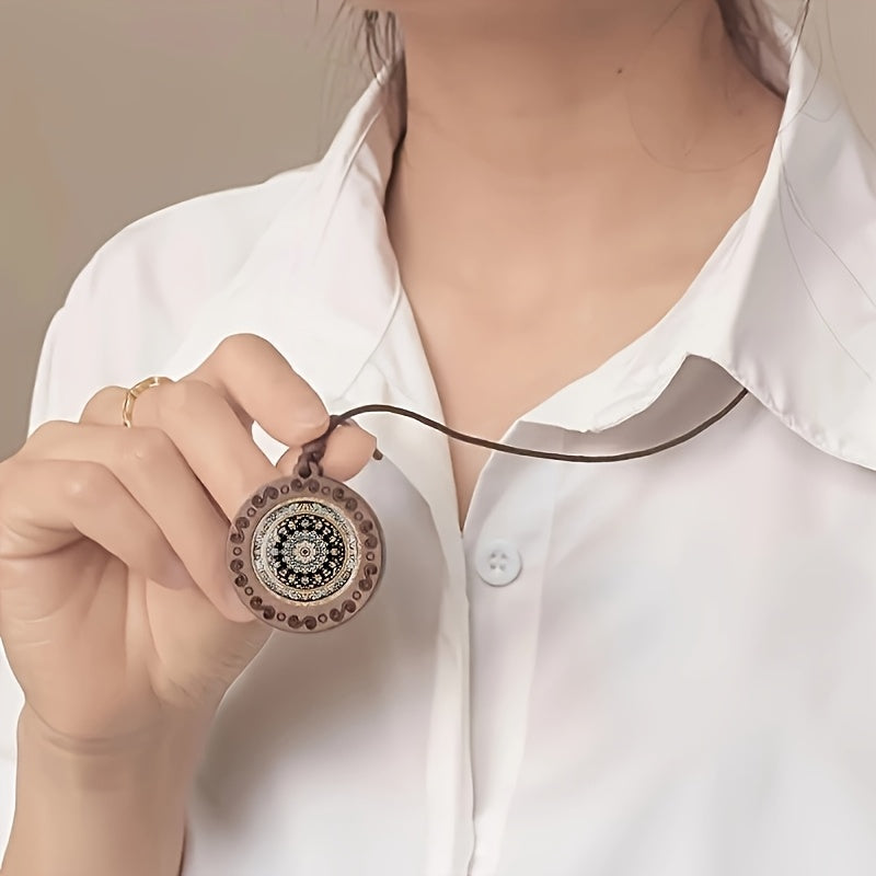 Retro Bohemian Mandala Wooden Necklace – Adjustable Rope Cord