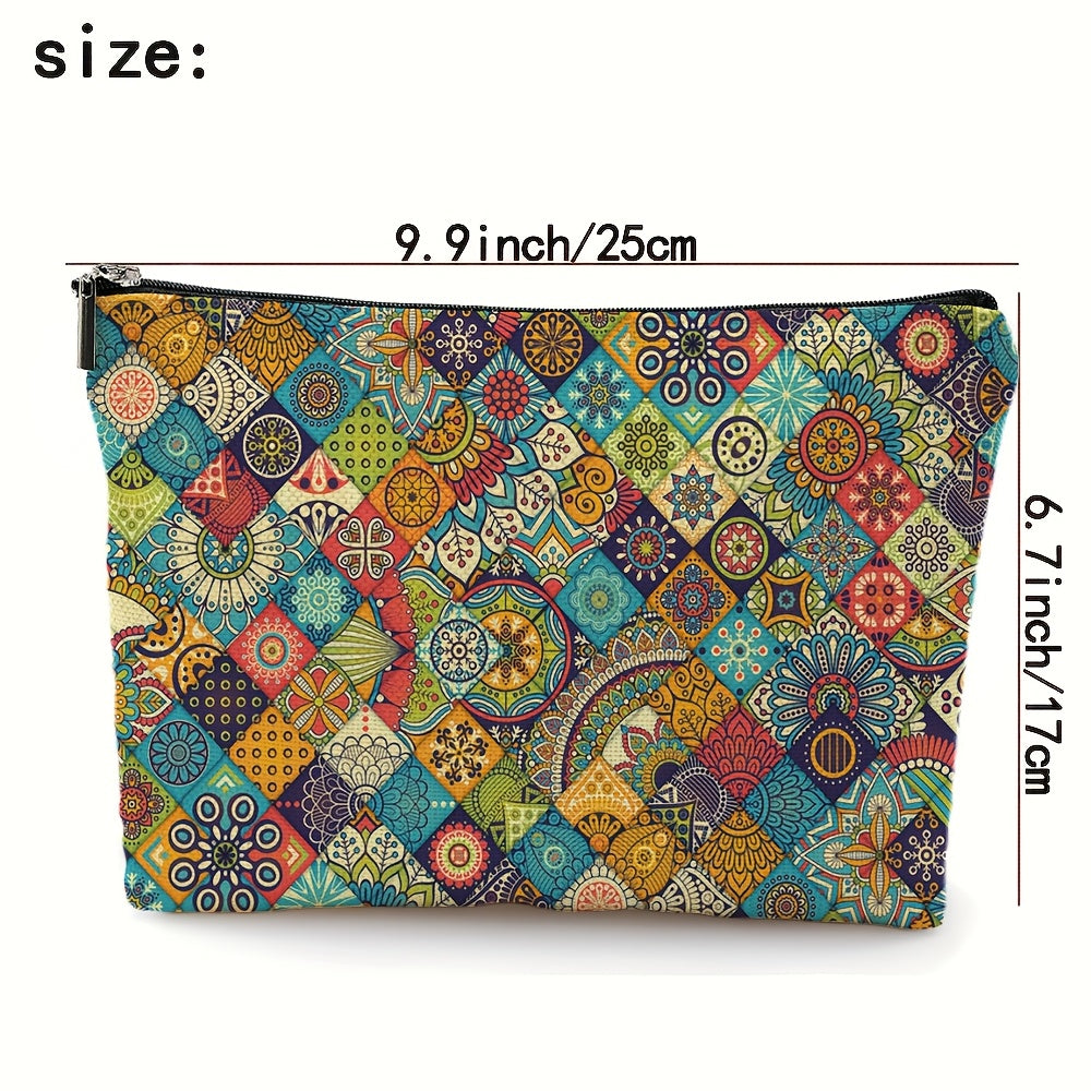 Bohemian Style Polyester Makeup Bag – Patchwork Cosmetic Pouch with Zipper Closure