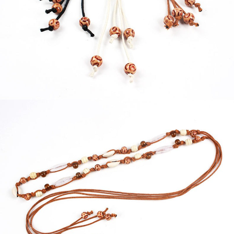 Handmade Bohemian Waist Chain – Wax Rope Belt with Knotted Wooden Beads