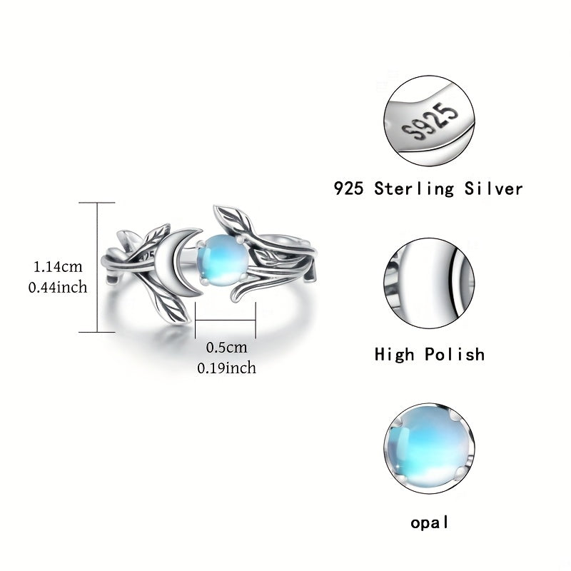 Vintage 925 sterling silver crescent moon ring with luminous moonstone