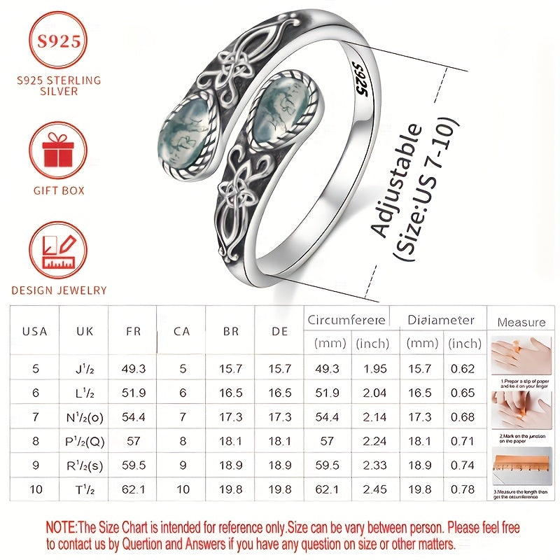 Vintage S925 sterling silver Celtic knot open ring with moss agate stones