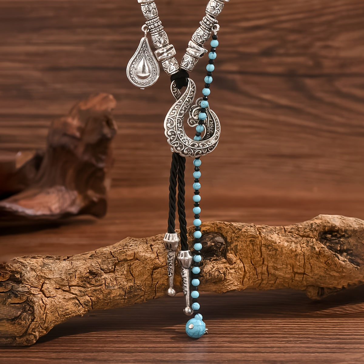 Bohemian Vintage Pendant Necklace with Faux Turquoise Inlay