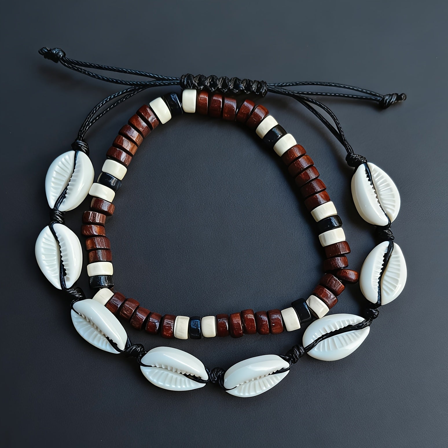 Bohemian Beach Shell & Wood Bead Anklet Set – 2pcs Adjustable Seashell Ankle Chains