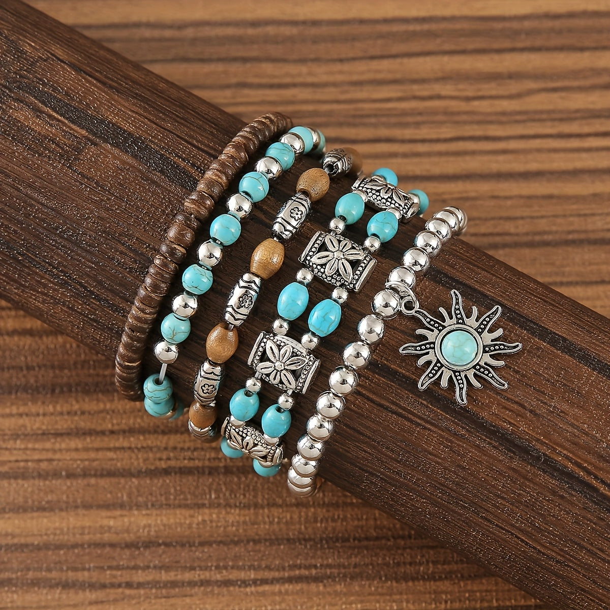 Boho Beaded Bracelet Set – 5pcs Elastic Stackable Bracelets with Sun Charm