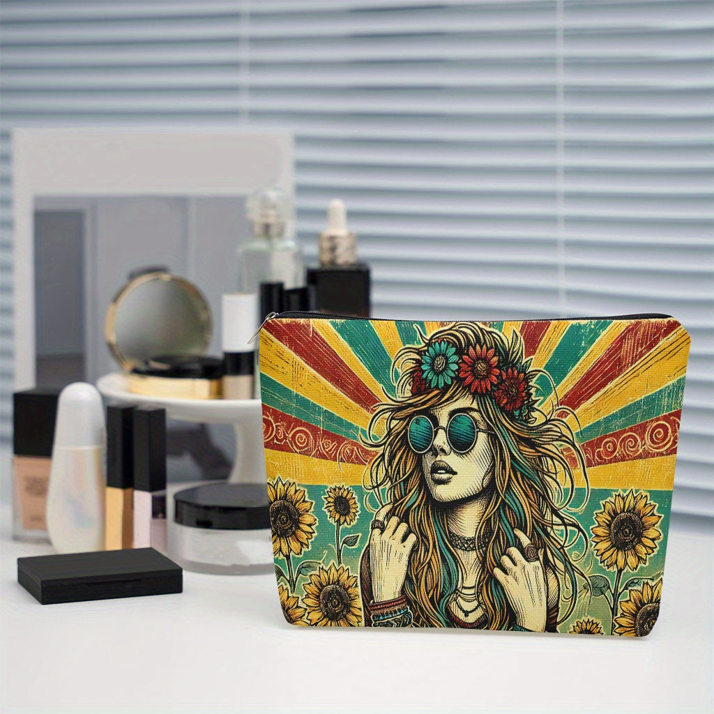 Hippie Style Makeup Bag – Large Capacity Linen Cosmetic Organizer with Zipper