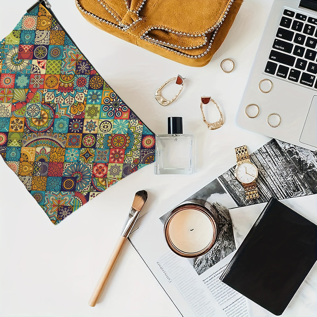 Bohemian Style Polyester Makeup Bag – Patchwork Cosmetic Pouch with Zipper Closure