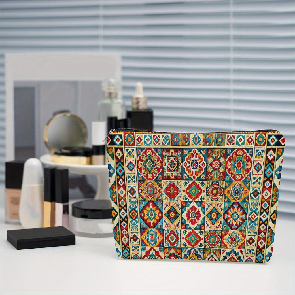 Ethnic Print Makeup Bag – Large Capacity Linen Cosmetic Organizer with Zipper
