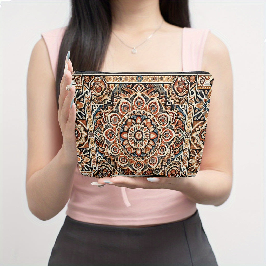Mandala Pattern Linen Makeup Bag – Indian Boho Style Cosmetic Pouch