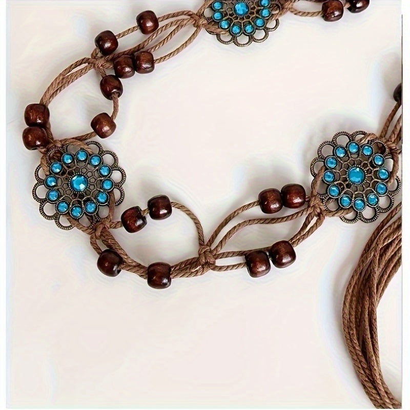 Khaki Wax Cord Beaded Belt – Blue Flower Rhinestone Bohemian Waist Belt