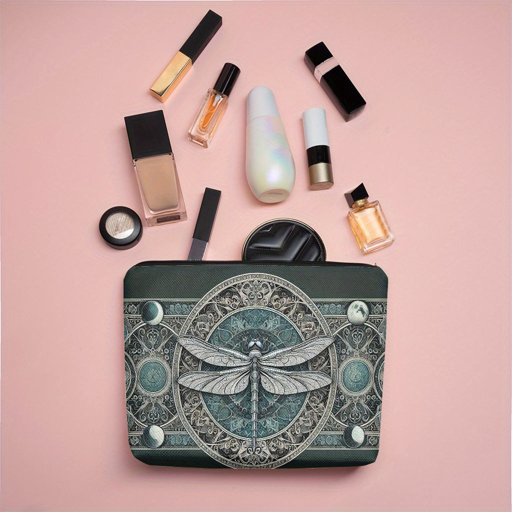 Dragonfly & Artistic Pattern Makeup Bag – Linen Cosmetic Pouch with Zipper