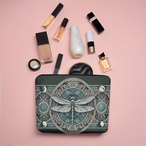 Dragonfly & Artistic Pattern Makeup Bag – Linen Cosmetic Pouch with Zipper