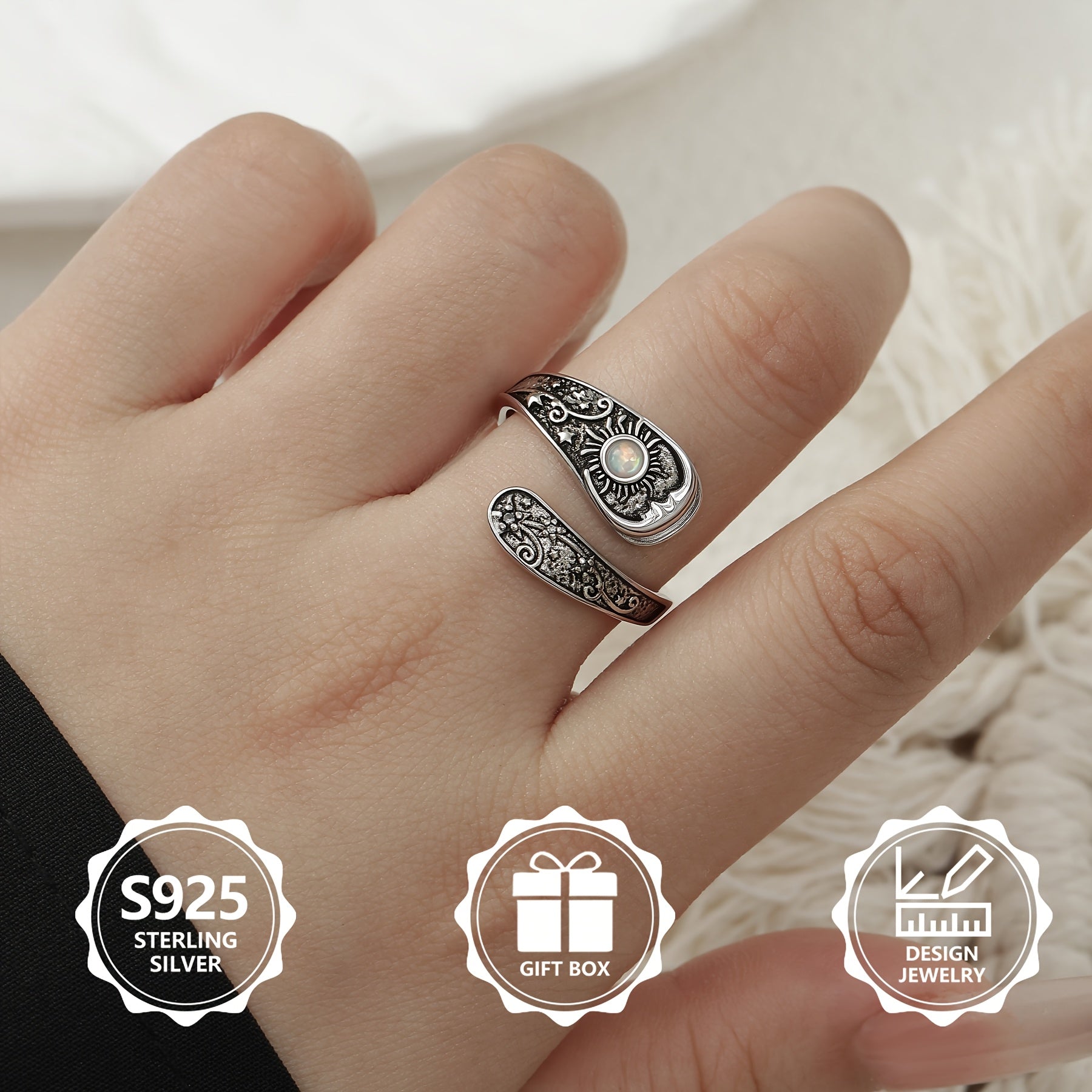Vintage 925 sterling silver sun and moonstone ring with starry sky vine details