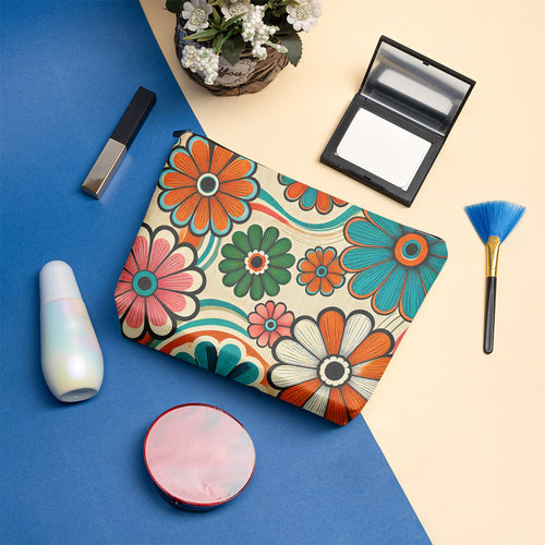 Retro Boho Multicolor Linen Makeup Bag – Floral Print Cosmetic Pouch