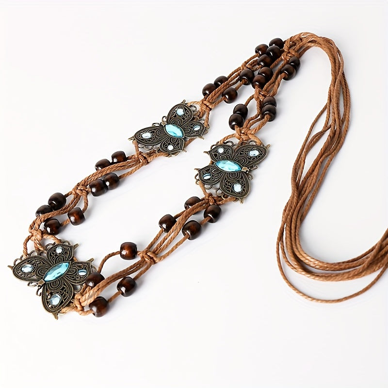 Butterfly-Inspired Vintage Braided Sash Belt with Wooden Beads