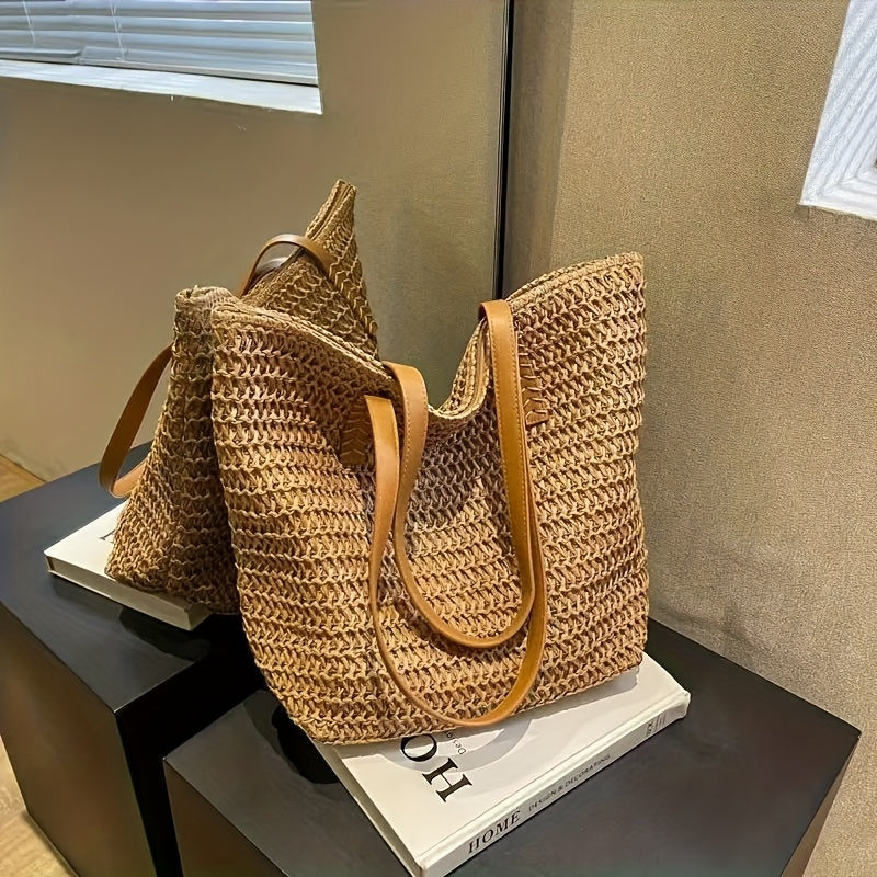 Large-Capacity Straw Handbag – Tan Woven Tote with Brown-Look Straps & Zipper Closure