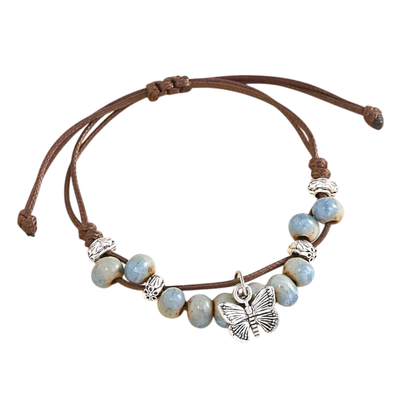 Vintage Glass Bead Bracelet with Butterfly Charm – Bohemian Jewellery