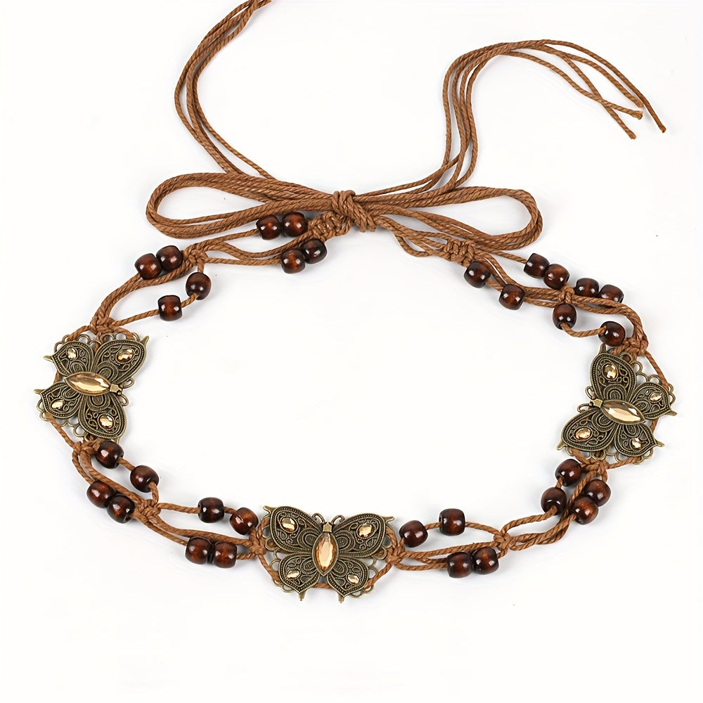 Butterfly-Inspired Vintage Braided Sash Belt with Wooden Beads