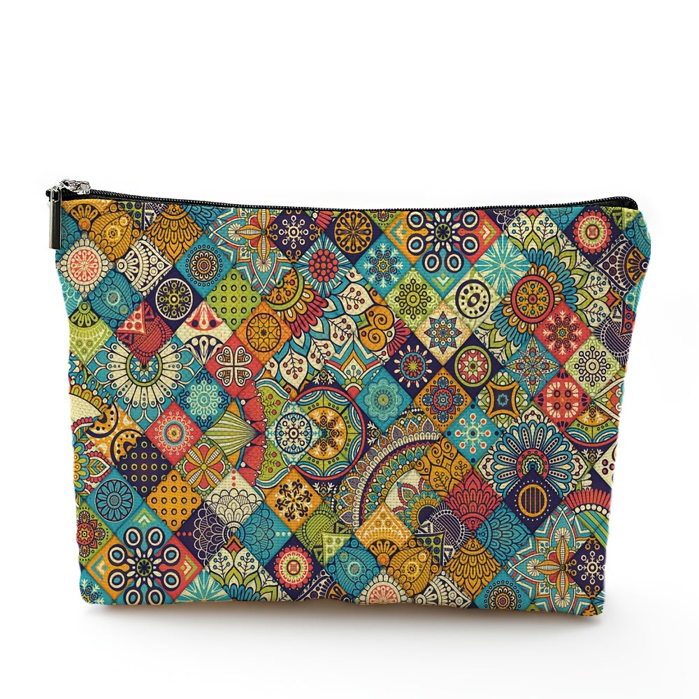 Bohemian Style Polyester Makeup Bag – Patchwork Cosmetic Pouch with Zipper Closure
