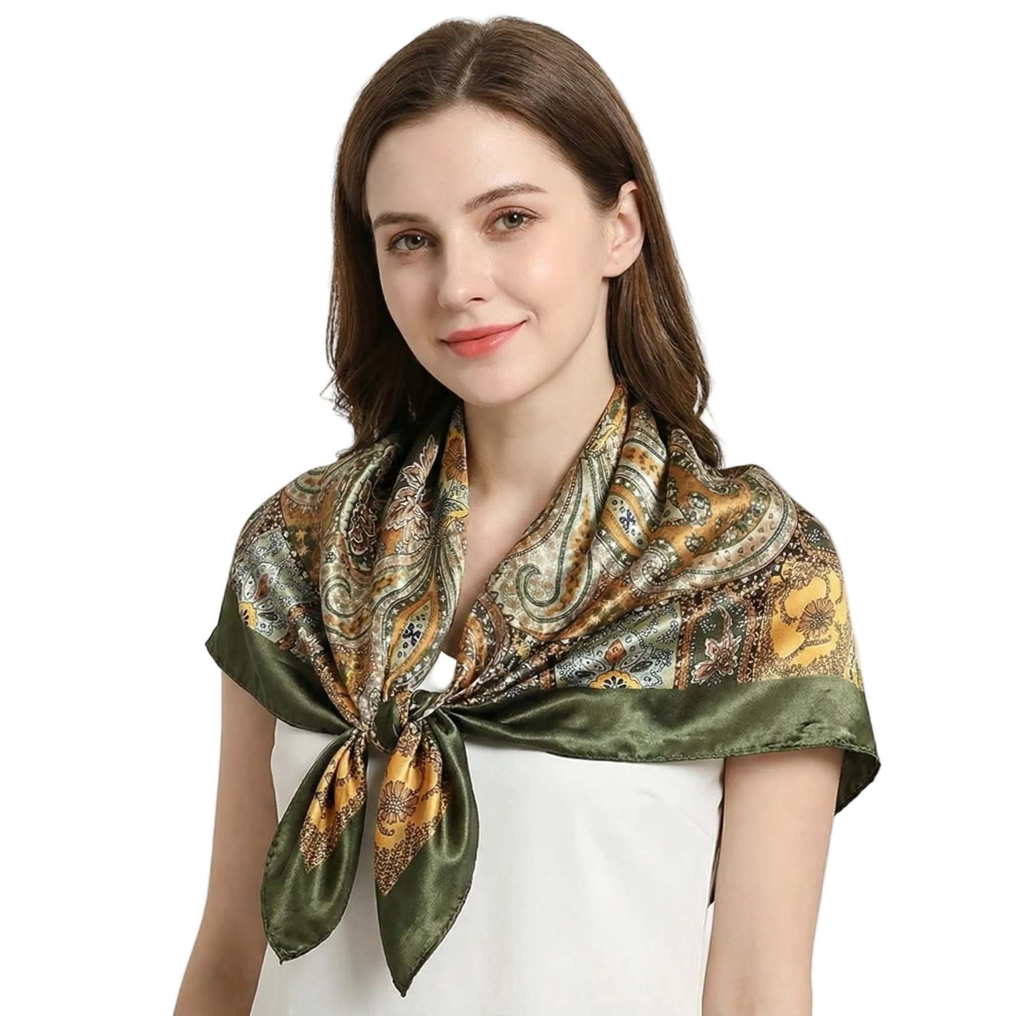 Vintage Paisley Satin Square Scarf – 90×90cm Elegant Headscarf - Green