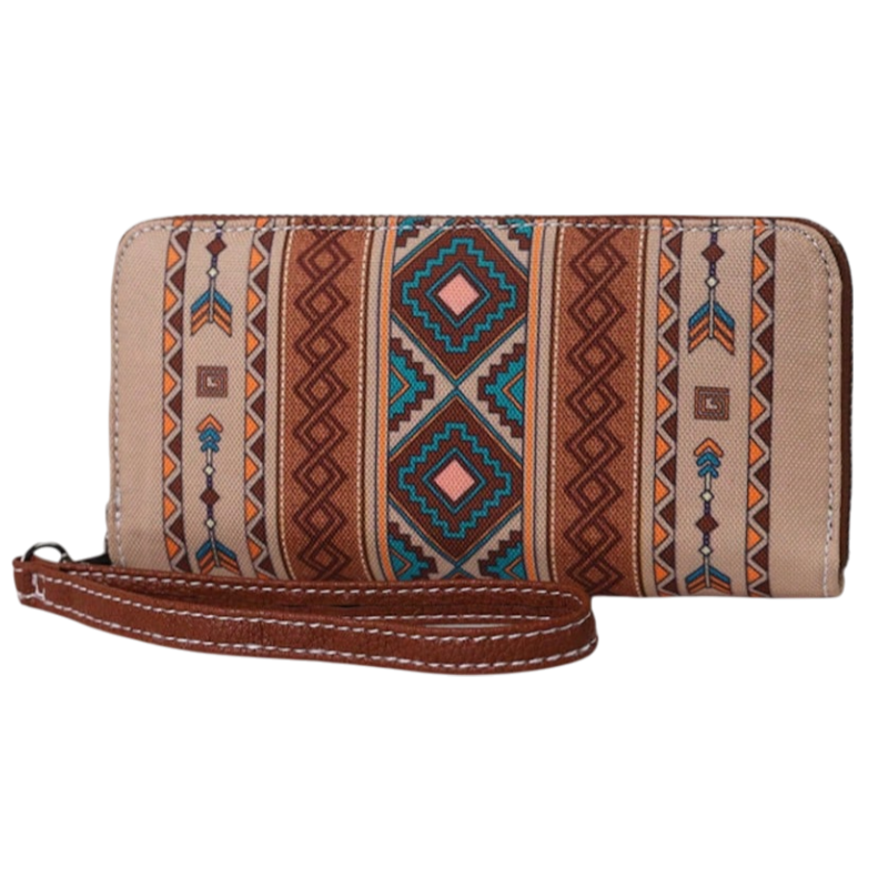 Patterned wallet with a strap on a white background